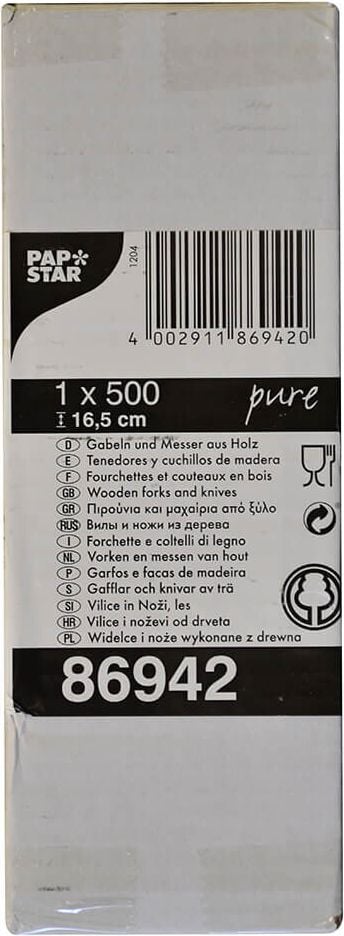 Einwegbesteckset Papstar pure 86942, Holz, Messer + Gabel, biologisch abbaubar,
Pack je 250 Stück