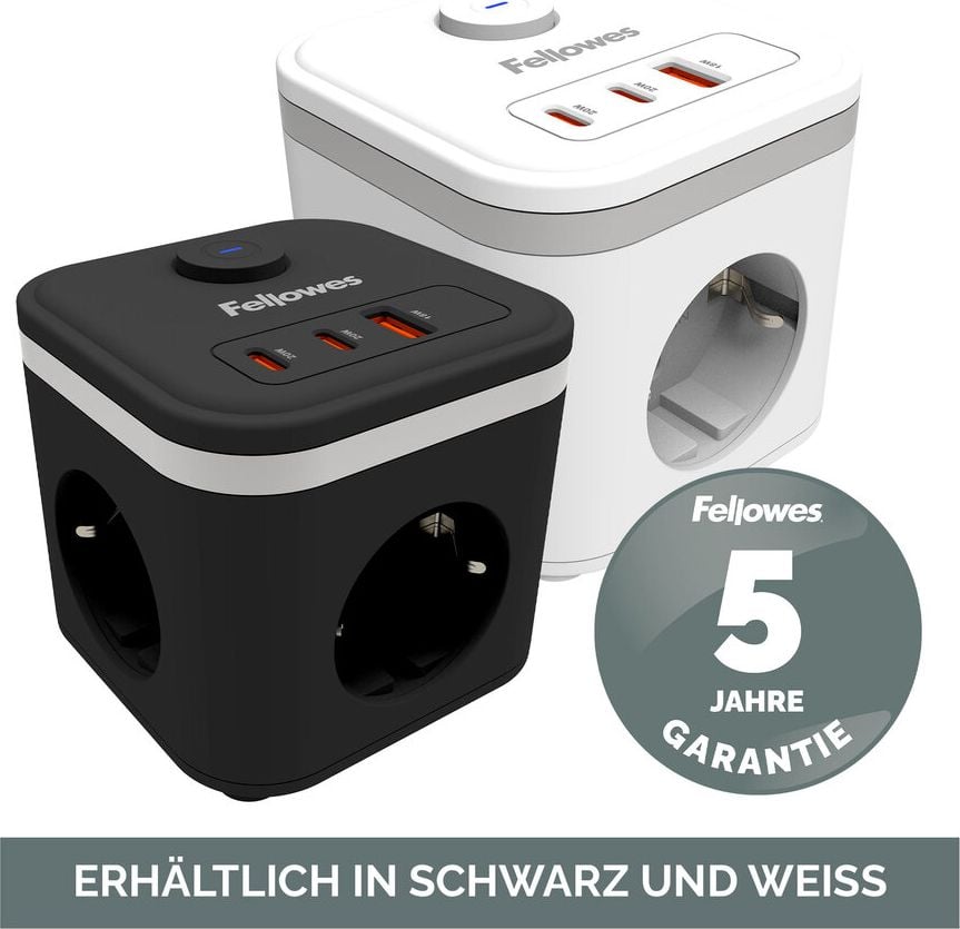 Steckdosenwürfel Fellowes Power Cube Type F, 3x Steckdosen, 1x USB-A, 2x USB-C, Kabellänge
2m, Ein-/Ausschalter, weiß