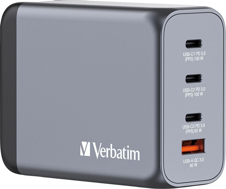 Ladegerät Verbatim GaN Charger 200W GNC-200 32204, 2x USB-C PD 100W, 1x USB-C PD 65W, 1x USB-A QC 3.0 (EU/UK/US), GaN, Überstrom-/Überspannungs-/Kurzschluss- und Übertemperaturschutz, grau