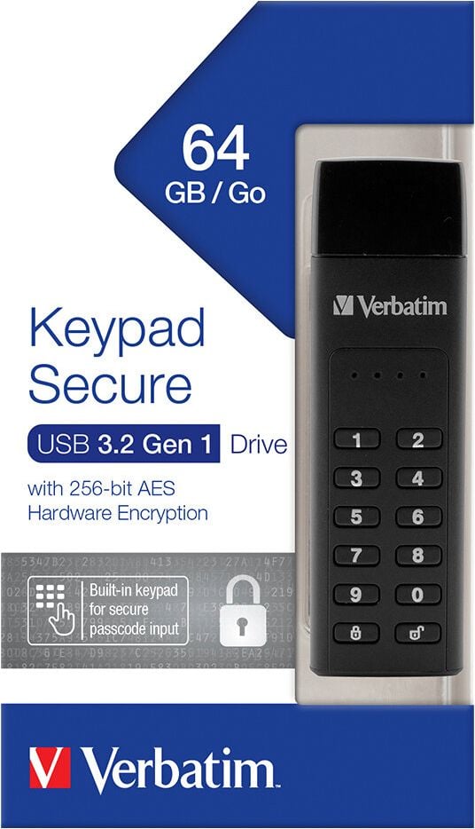 USB-Stick Verbatim Keypad Secure 49428, 64GB, USB 3.2 Gen 1 Typ A, unterstützt AES
256-Bit-Hardware-Verschlüsselung, Tastenfeld
für Zahlenpasswort-Eingabe, schwarz