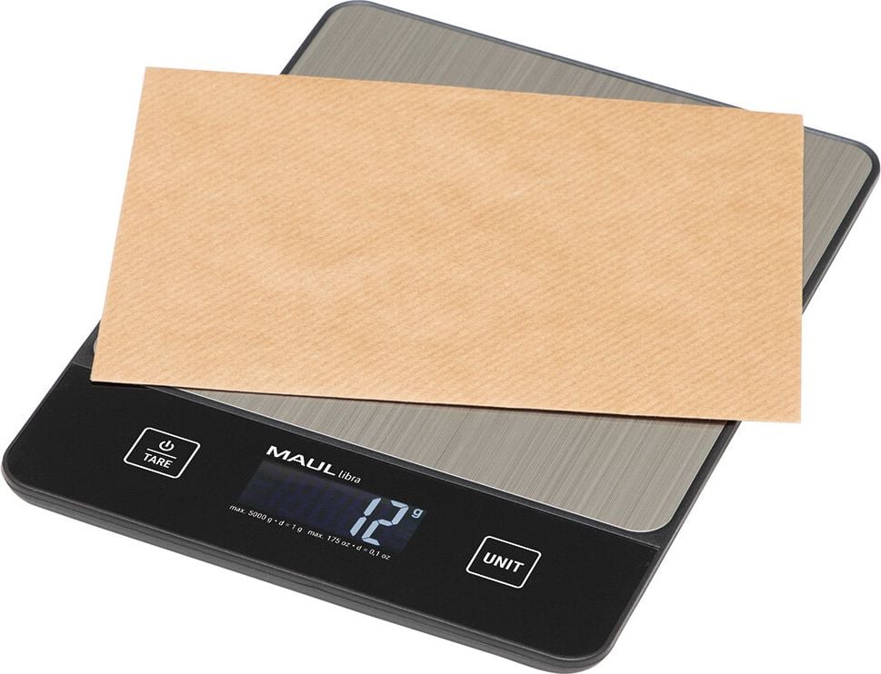 Briefwaage Maul MAULlibra 1657090, bis 5000g, Batteriebetrieb,
schwarz/gebürsteter Edelstahl