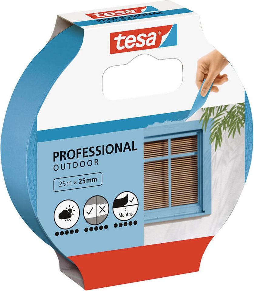 Kreppband Tesa Malerband AUSSEN 56250-00000-03, 25mm x 25m, ablösbar, für Außenanwendung, UV-
& wetterbeständig, blau