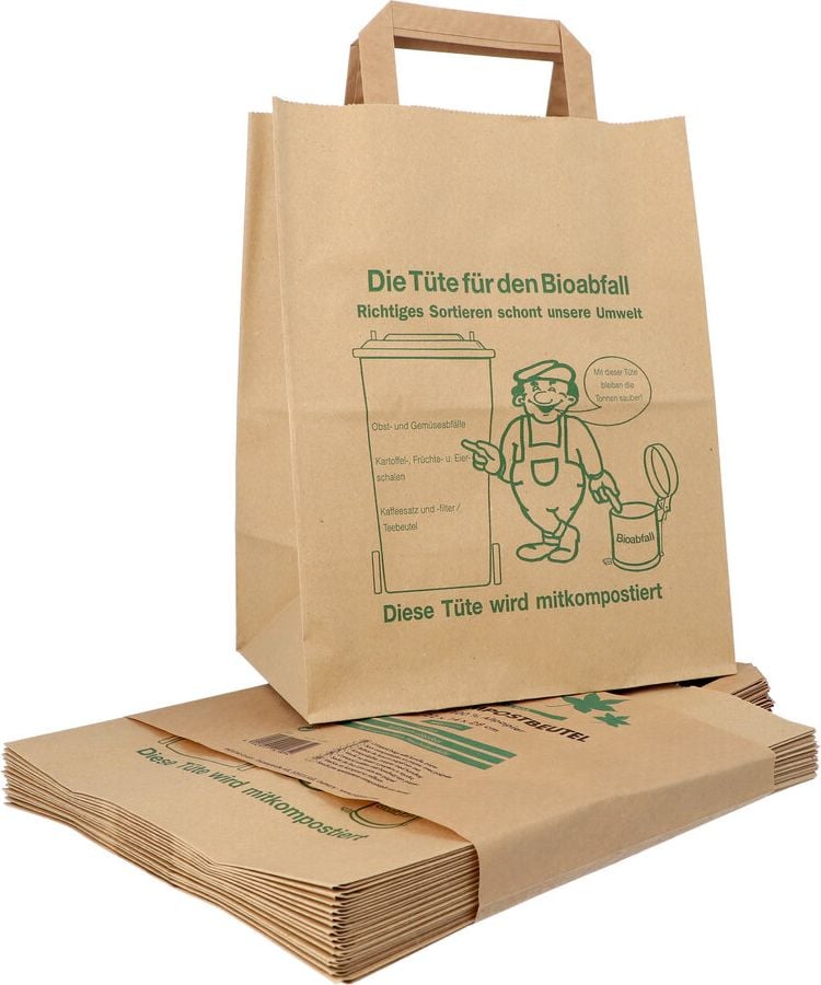 Kompostbeutel Papstar 14185 aus Papier mit Henkel 10 Liter, 28x22x14cm, Kraftpapier 80 g/m², 10 Liter, Henkel, braun, Pack 15 Stück