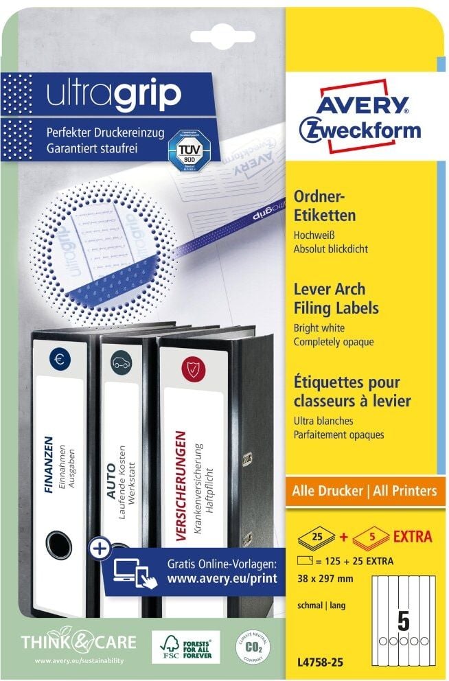 Rückenschilder Zweckform L4758-25 ultragrip, schmal/lang, 297x38mm, auf A4, weiß, Pack 30
Blatt/150 Stück