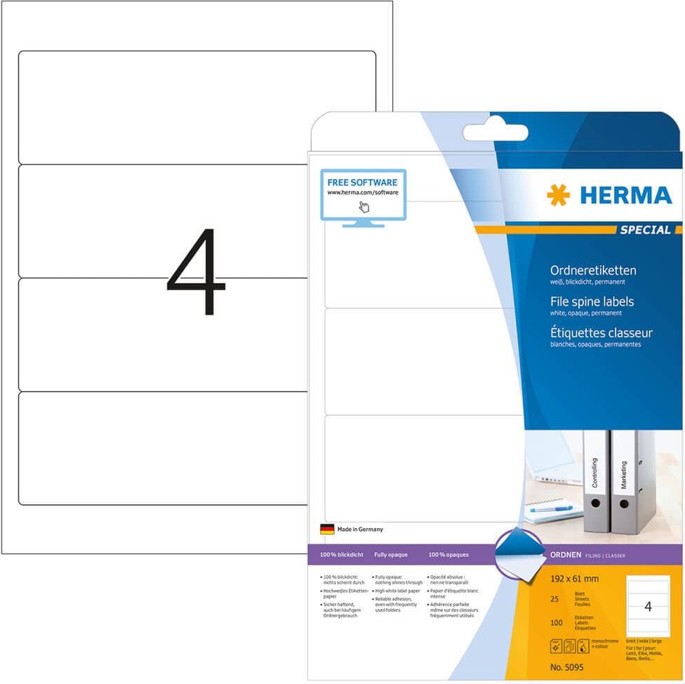 Rückenschilder Herma 5095, breit/kurz, 192x61mm, auf A4, weiß, Pack 25
Blatt/100 Stück