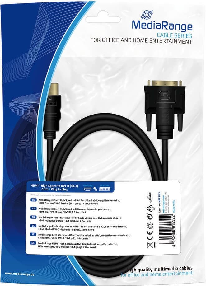 Monitorkabel MediaRange HDMI auf DVI MRCS185, HDMI auf DVI, HDMI-Stecker/DVI-D Stecker,
Kabellänge 2 m, schwarz