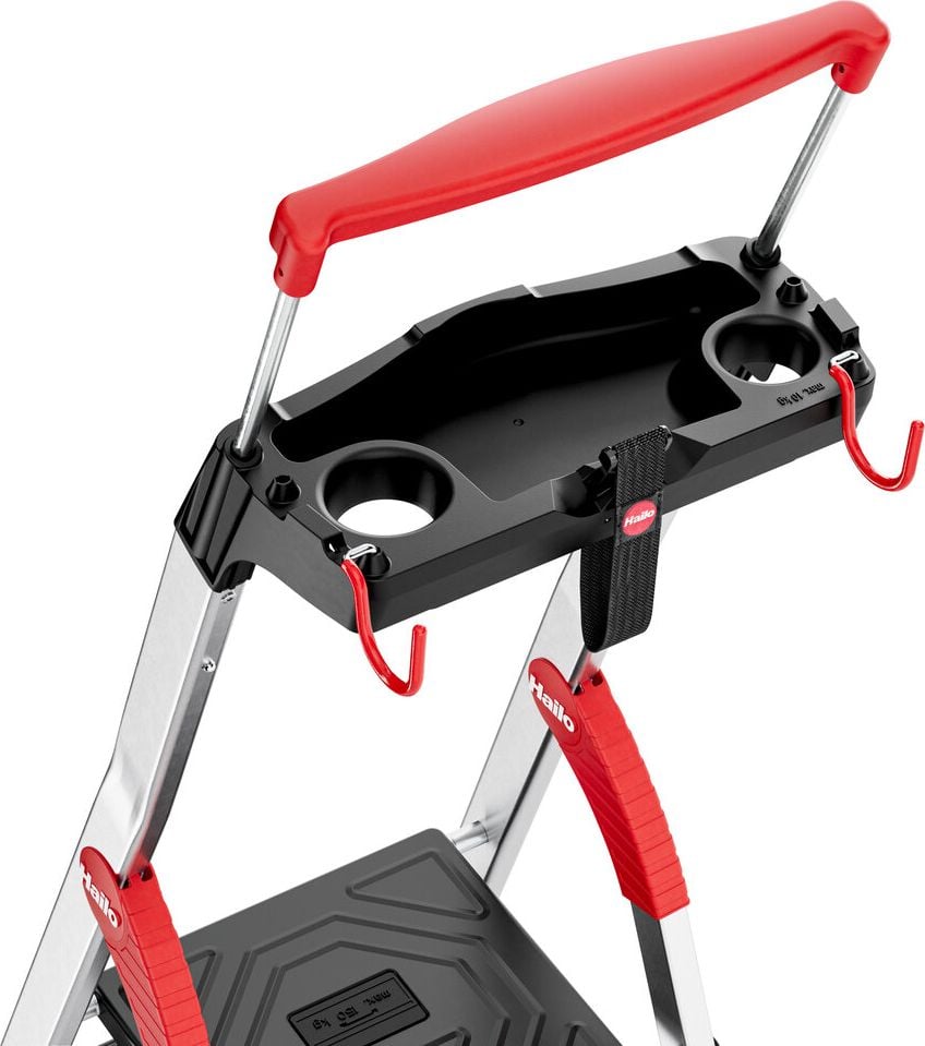 Stehleiter Hailo TopLine L100 8050-407, Sicherheits-Stufenstehleiter, 4 Stufen, belastbar bis 150 kg, Multifunktions-Ablage, Eimerschlaufe, Sicherheits-Haltebügel