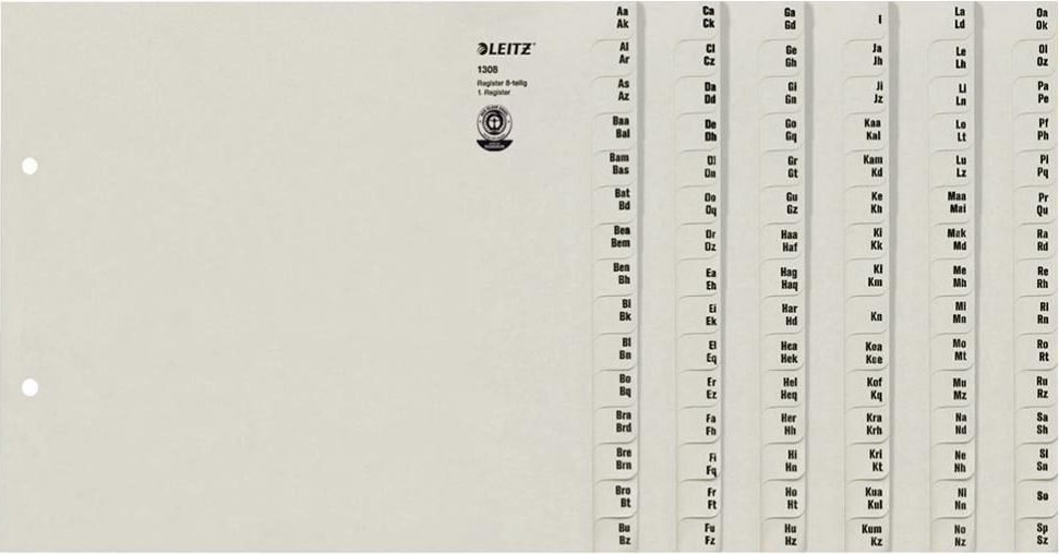 Registerserie Leitz A4 8-teilig 1308, A4, Namen, Tauenpapier 100 g/m², grau