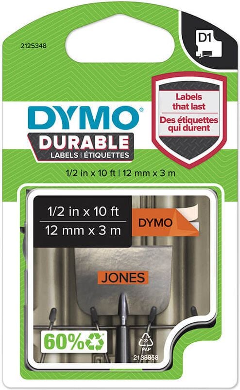 Schriftbänder Dymo D1 1978367, schwarz auf orange, 12mm/3m, Vinylband