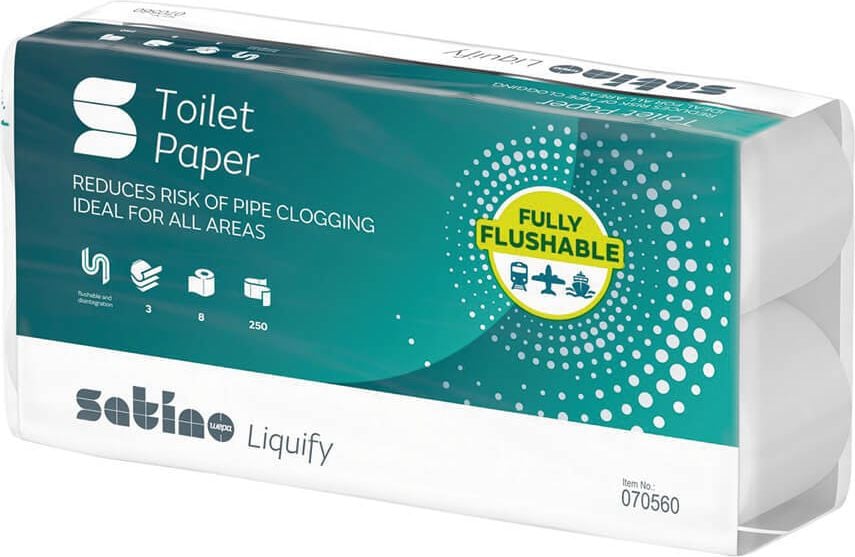 Toilettenpapier WEPA Liquify 070560, für Spendersystem MT1, Recyclingpapier,
Waffelprägung, 3-lagig, hochweiß, Pack 64
Rollen à 250 Blatt