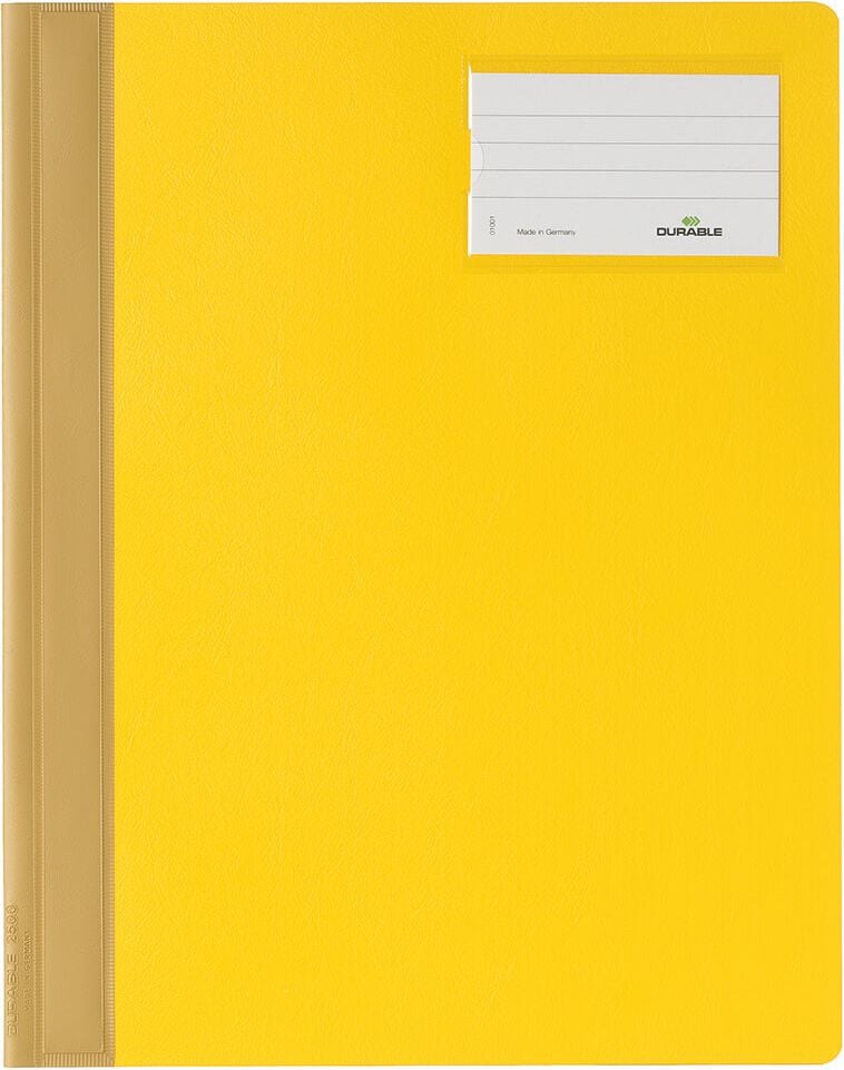 Schnellhefter Durable A4 Überbreite 2500, PVC-Hartfolie, farbiger Vorder- und
Rückdeckel, Innentasche, Pack 25 Stück, gelb