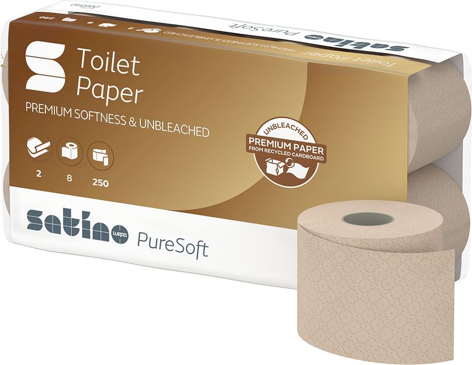 Toilettenpapier Satino by WEPA PureSoft 066540, für Spendersystem MT1, Recyclingpapier, Waffelprägung, 2-lagig, soft beige, Pack 8 Rollen à 250 Blatt, Ecolabel, FSC, Blauer Engel