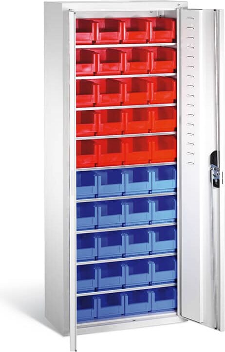 Werkstattschrank CP Serie 13 Magazinschrank 133413-22, 70x169x30cm (BxHxT), 9 Böden,
40 Sichtlagerkästen, 2 Flügeltüren, hellgrau