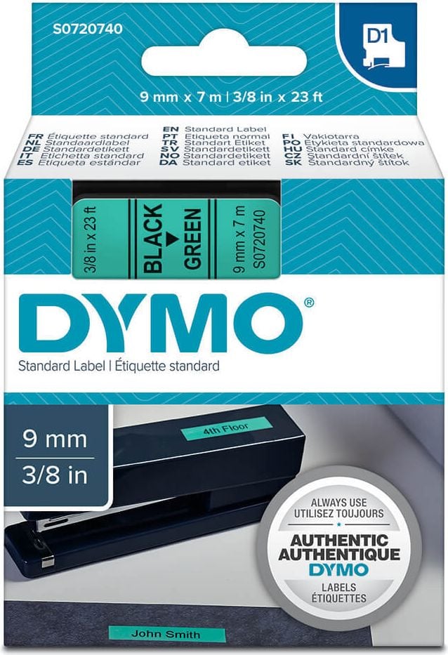 Schriftbänder Dymo D1 40919/S0720740, schwarz auf grün, 9mm/7m