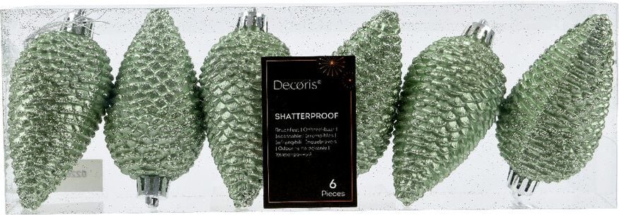 Weihnachtskugeln DECORIS Zapfen, 4,5x8cm (DxH) Polystyrol, Pack 6 Stück, hellgrün