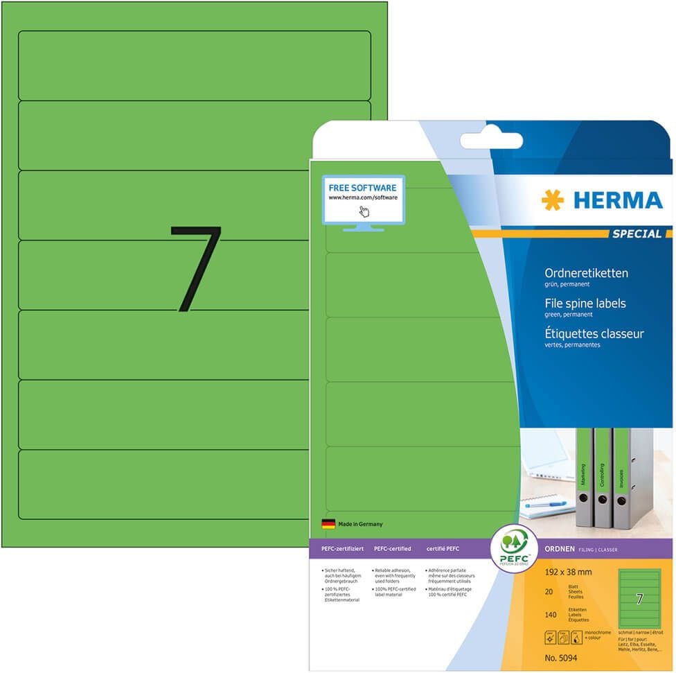Rückenschilder Herma 5094, schmal/kurz, 192x38mm, auf A4, grün, Pack 20
Blatt/140 Stück