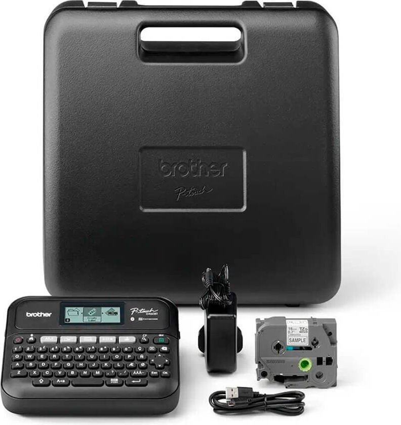 Brother Beschriftungsgerät P-touch D460BTVP, für TZe-Schriftbänder 3,5-18mm, Bluetooth,
QWERTZ-Tastatur, LC-Display, inkl.
Schriftband, USB-Kabel, Netzadapter,
Hartschalenkoffer
