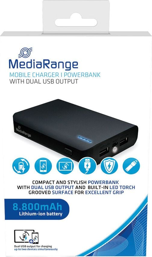 Powerbank MediaRange MR752, 8.800mAh, 2x USB-A, Ladekabel, mit
LED-Taschenlampe, schwarz