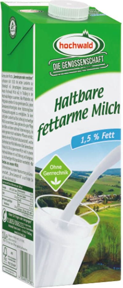 H-Milch hochwald, 1,5% Fett, fettarm, Palette 12x1 Liter