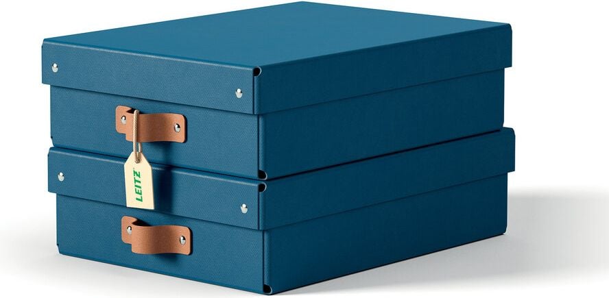 Aufbewahrungsbox Leitz Puro mittelgroß, 8 Liter, 270x100x370mm, mit Deckel, 100%
Recyclingkarton, Pack 2 Stück, dunkelblau