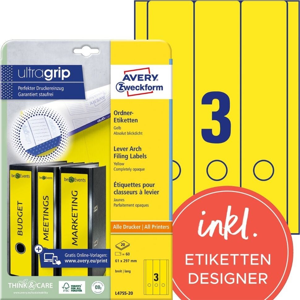 Rückenschilder Zweckform L4755-20 ultragrip, breit/lang, 297x61mm, auf A4, gelb, Pack 20
Blatt/60 Stück