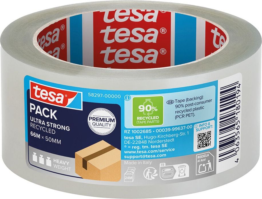 Packband Tesa eco & ultra strong ecoLogo 58297-00000-01, 50mm x 66m, transparent, 30kg Tragkraft, hergestellt aus 90% recycelten PET-Flaschen