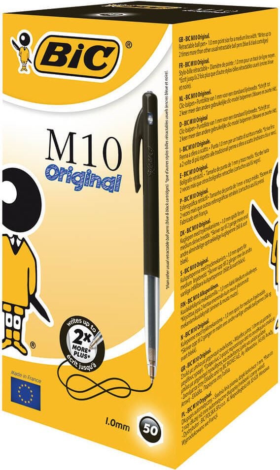 Kugelschreiber BIC M10 Clic Fine 1199190126/1199190129, Einweg, Druckmechanik, 0,3mm, Pack 50 Stück, schwarz