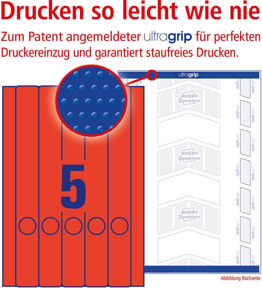 Rückenschilder Zweckform L4748-20 ultragrip, schmal/lang, 297x38mm, auf A4, rot, Pack 20
Blatt/100 Stück