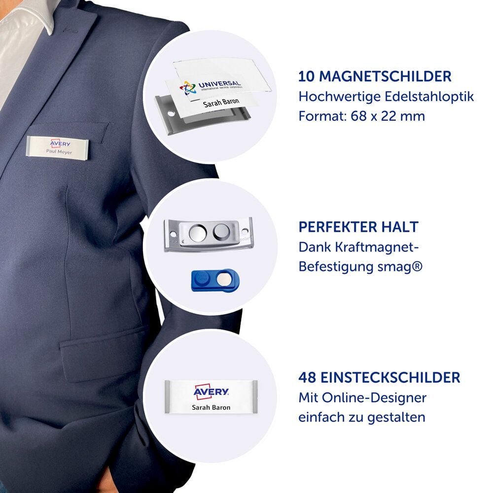 Namensschilder Avery Zweckform POL20MA66-10DR, 68x22mm, verdrehsicher, Doppelmagnet, Edelstahl-Optik, Pack 10 Stück