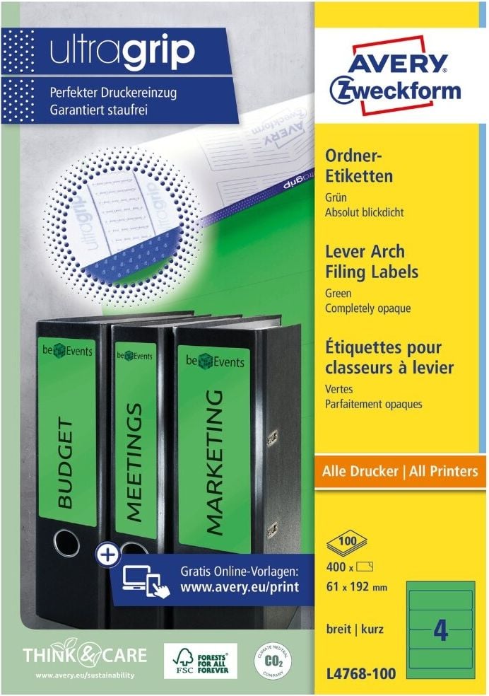 Rückenschilder Zweckform L4768-100 ultragrip, breit/kurz, 192x61mm, auf A4, grün,
Pack 100 Blatt/400 Stück