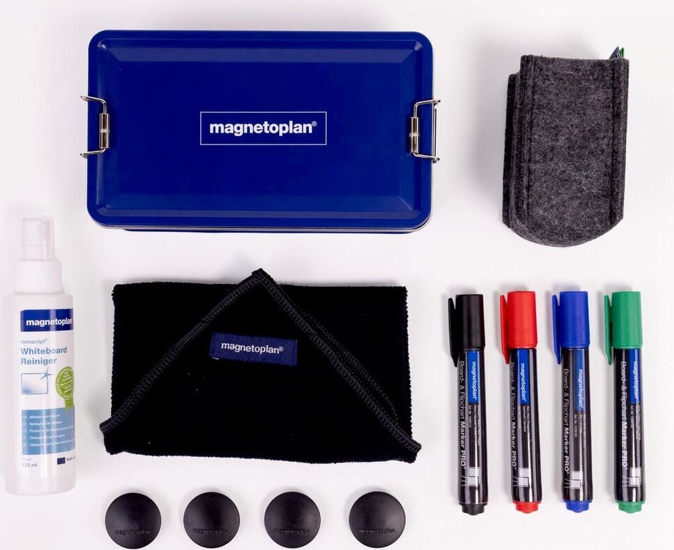 Whiteboard Starter-Set Magnetoplan Premium Kit, Metallbox, 4 Board- und Flipchartmarker, 4
Magnete, Reinigungstuch, Reinigungsspray,
Stifteköcher