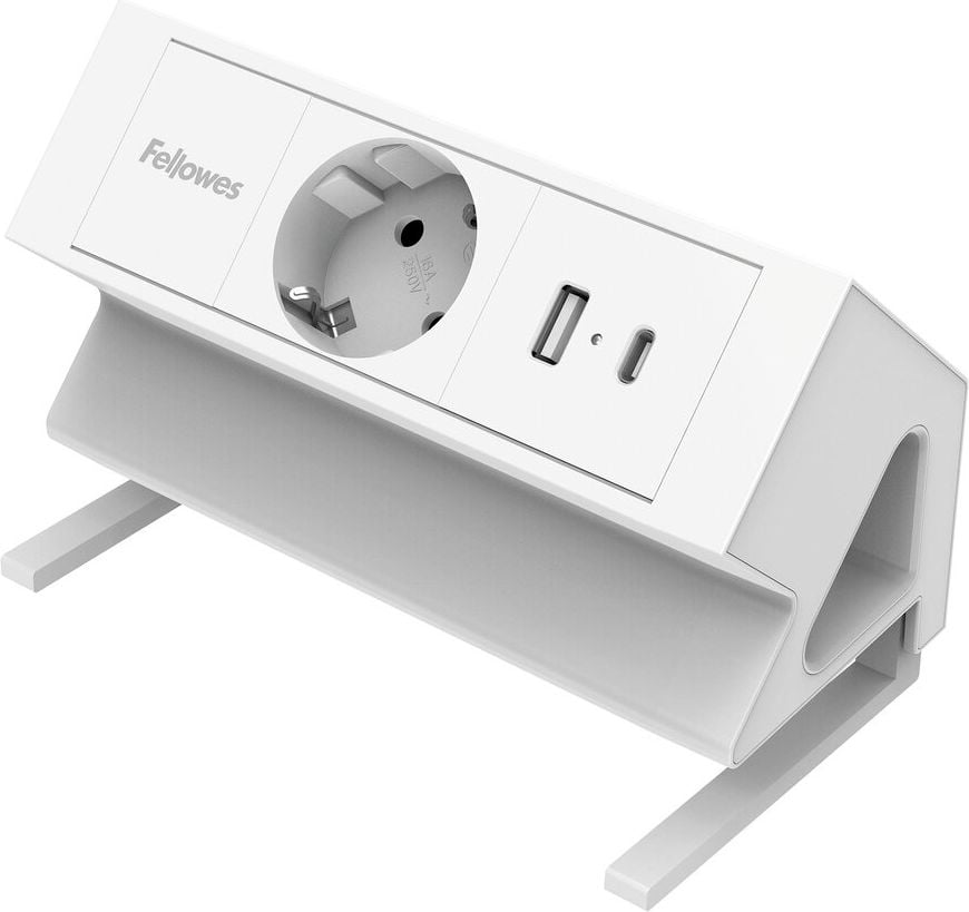 Tischsteckdosenleiste Fellowes Power Desk Type F 1fach+2 USB, Tischklemme, 1x Steckdose (230V), 1x USB-A, 1x USB-C, Kabellänge 2m, weiß