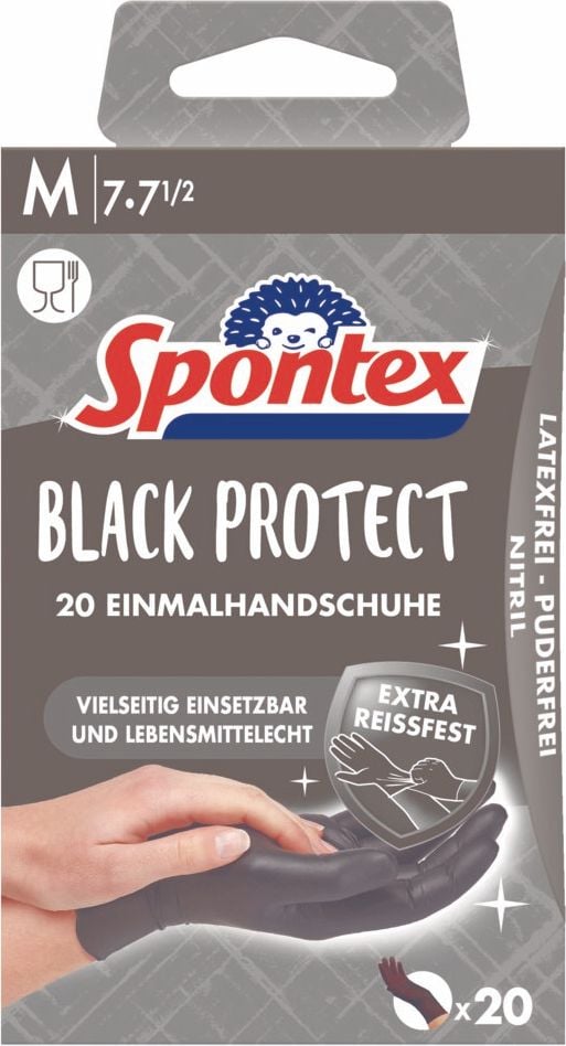 Einweg-Handschuhe Spontex Black Protect x20, Nitril, latexfrei, puderfrei, extra reißfest, lebensmittelecht, schwarz, Pack 20 Stück, Größe M