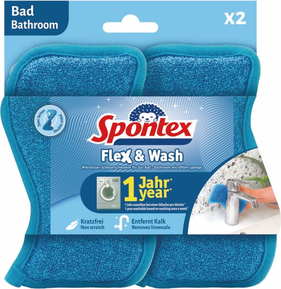 Mikrofaserschwamm Spontex Flex & Wash x2 Bad 19500027, blau, 2in1: mit kratzfreier Scheuerseite und feiner Mikrofaserseite, waschbar, speziell fürs Bad, Pack 2 Stück