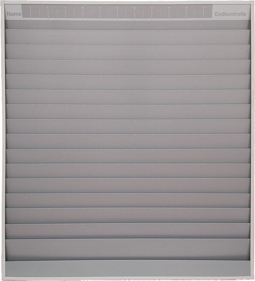 Werkstattplaner Eichner 9019-00590, für 75 x A4, 1580x1757x78mm (BxHxT), fünfreihig,
zusätzliches Ablagefach und Kopfleiste
(Zeitstrahl-Beschriftung), grau