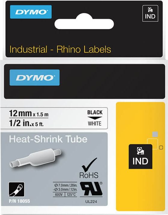 Schriftbänder Dymo RHINO Schrumpfschlauch 18055/S0718300, schwarz auf weiß, 12mm/1,5m,
Heißschrumpfschlauch