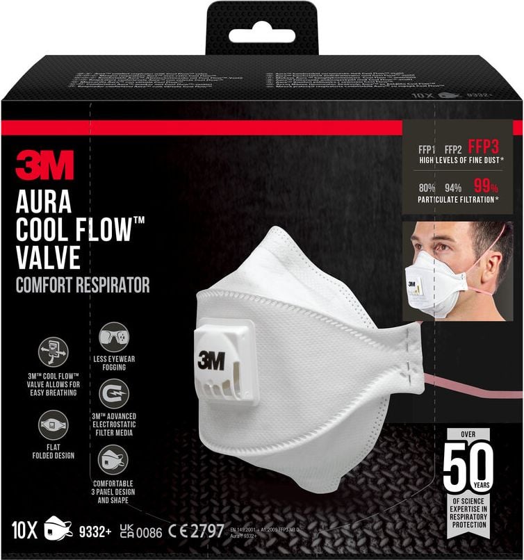 Atemschutzmaske 3M Aura Cool Flow 9332PRO10, Schutzklasse FFP3, Ausatemventil, faltbar,
gepolsterter Nasenflügel, Pack 10 Stück