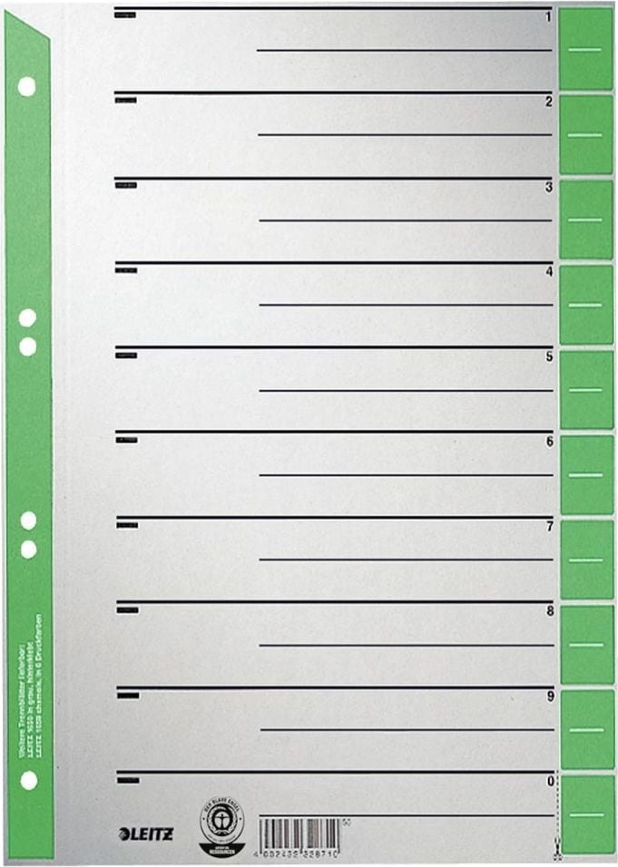 Trennblätter Leitz 1652, A4, gelocht, Karton 230 g/m², bedruckt, Pack
100 Stück, grün