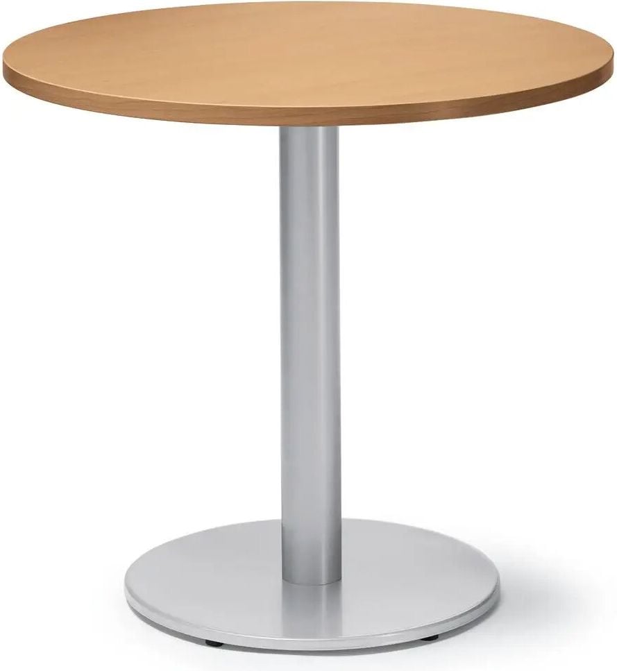 Besprechungstisch Deskin MODUL, 80cm Durchmesser, 73,5cm Höhe, Tellerfuß, Gestell Alusilber RAL 9006, 25kg, ahorn