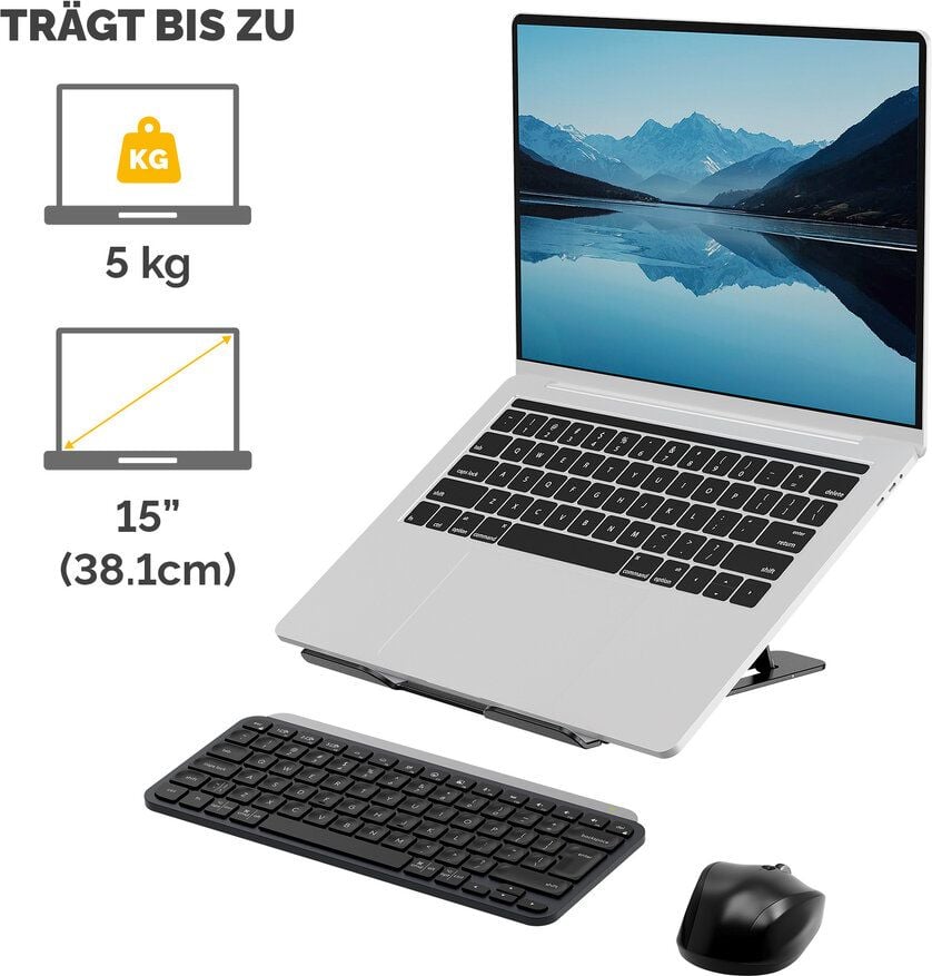Notebookständer Fellowes Alumia, bis 15 Zoll Notebooks, flach zusammenklappbar,
6 stufig höhenverstellbar, 93% recyceltes Material, Aluminium, schwarz
