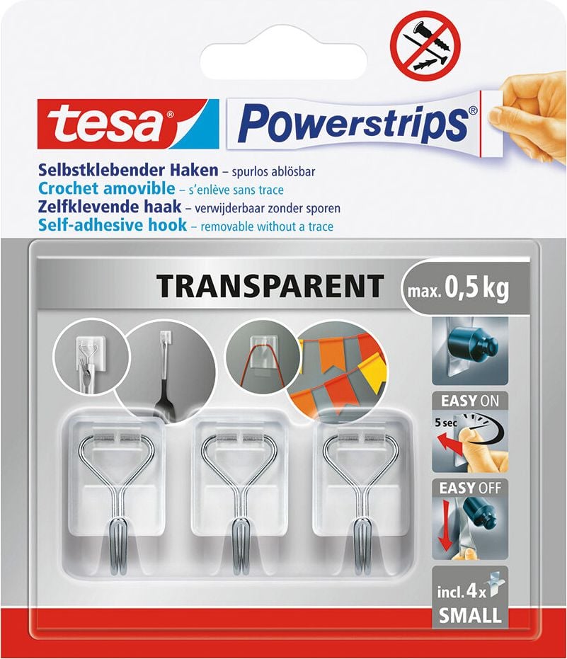 Powerstrips Tesa wired hook S 58620-00003-00, Haftkraft bis 500g, selbstklebender Haken mit abnehmbarem Drahthaken, ablösbar, wiederverwendbar, transparent, Pack 3 Haken + 4 Powerstrips