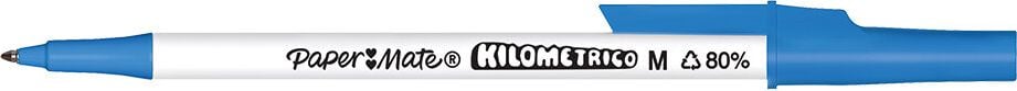 Kugelschreiber Papermate Kilometrico, ca. 1,0mm, Einweg, Kappe mit Clip in
Schreibfarbe, Gehäuse aus 80% recyceltem
Kunststoff, blau
