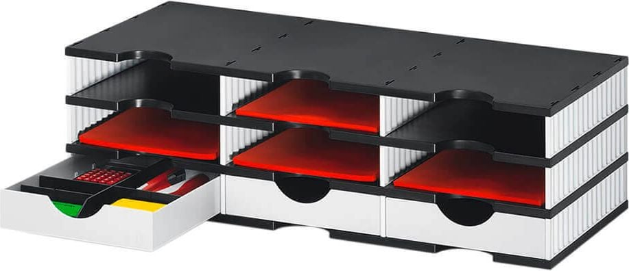 Sortiersystem styrodoc trio Set 2680303, 9 Fächer inkl. 3 System-Schubladen, 3 Etagen,
Gehäuse weiß/schwarz, farbige Schubladen, weiß