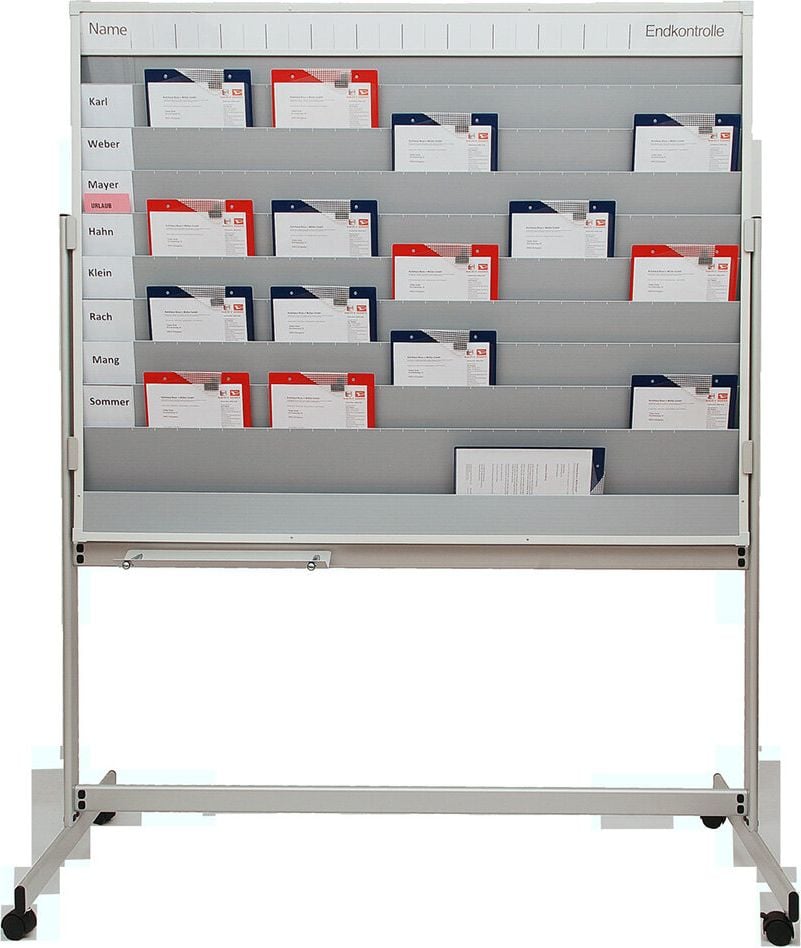 Werkstattplaner mobil Eichner 9019-00125, für 45 x A4, 1945x1550x640mm, für DIN A4, mit Whiteboard,
magnethaftend, 4 Doppellenkrollen,
Ablageschale, grau