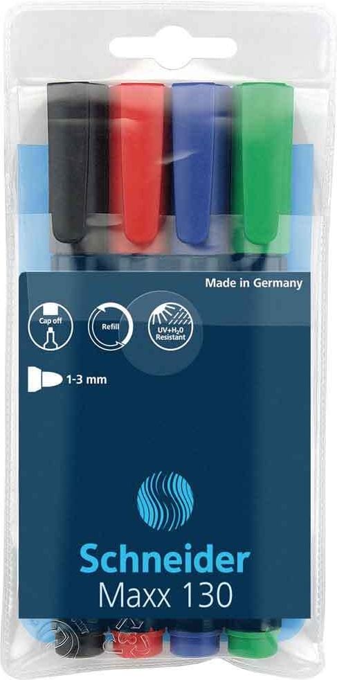 Permanentmarker Schneider Maxx 130, ca. 1-3mm, Rundspitze, Etui mit 4 Farben