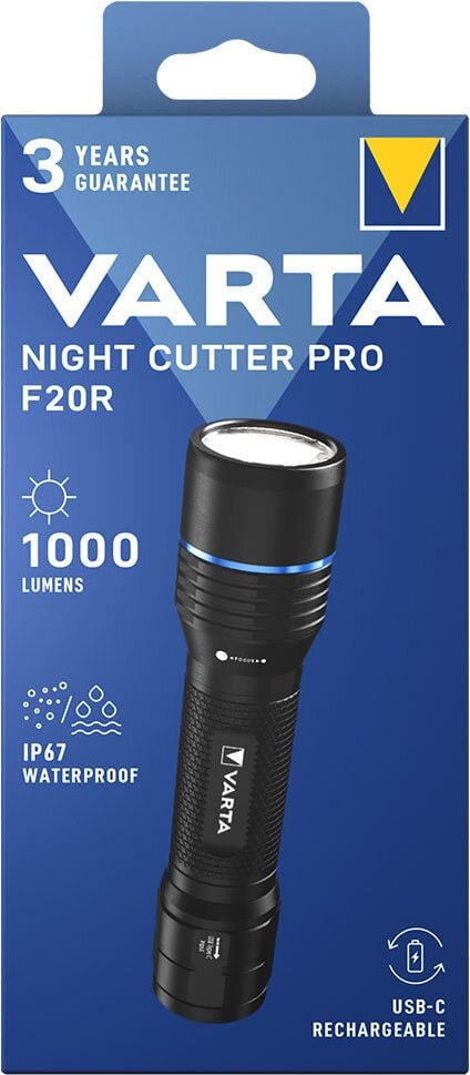 Taschenlampe Varta Night Cutter Pro F20R 18920101111, LED, 1000 Lumen, 200m Leuchtweite, 5 Leuchtstufen, USB-C Anschluss, inkl. Li-Ion Akku, schwarz