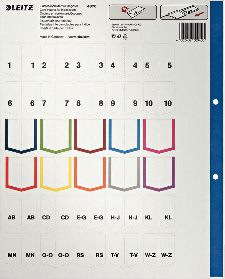Kunststoffregister Leitz A4 Überbreite blanko 4370, A4 Überbreit, blanko, 10-teilig, PP, grau