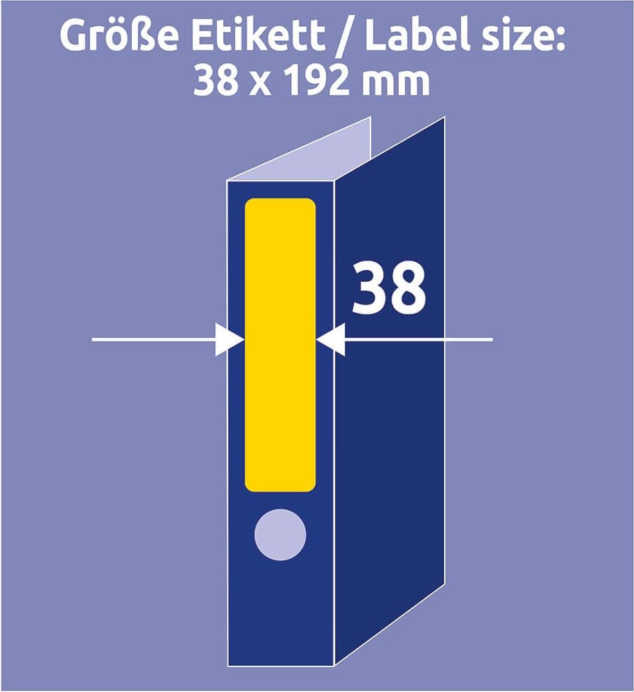 Rückenschilder Zweckform L4765-20 ultragrip, schmal/kurz, 192x38mm, auf A4, gelb, Pack 20
Blatt/140 Stück