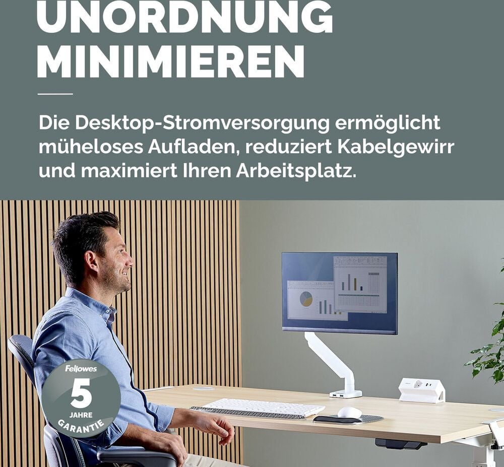 Tischsteckdosenleiste Fellowes Power Desk Type F 1fach+2 USB, Tischklemme, 1x Steckdose (230V), 1x USB-A, 1x USB-C, Kabellänge 2m, weiß