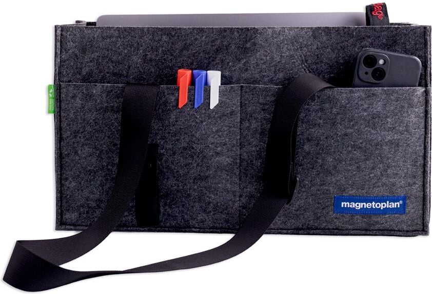 Aufbewahrungstasche Magnetoplan Hot Desking Bag, 45x25x15cm, 100% recycelter Polyester-Filz, 2
große Einsteckfächer, 7 separate Fächer, grau